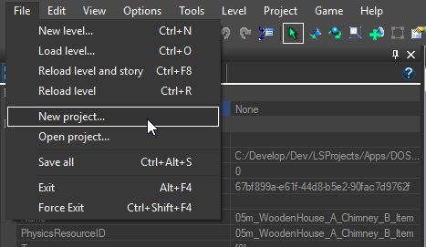 Editor menu for creating a new project